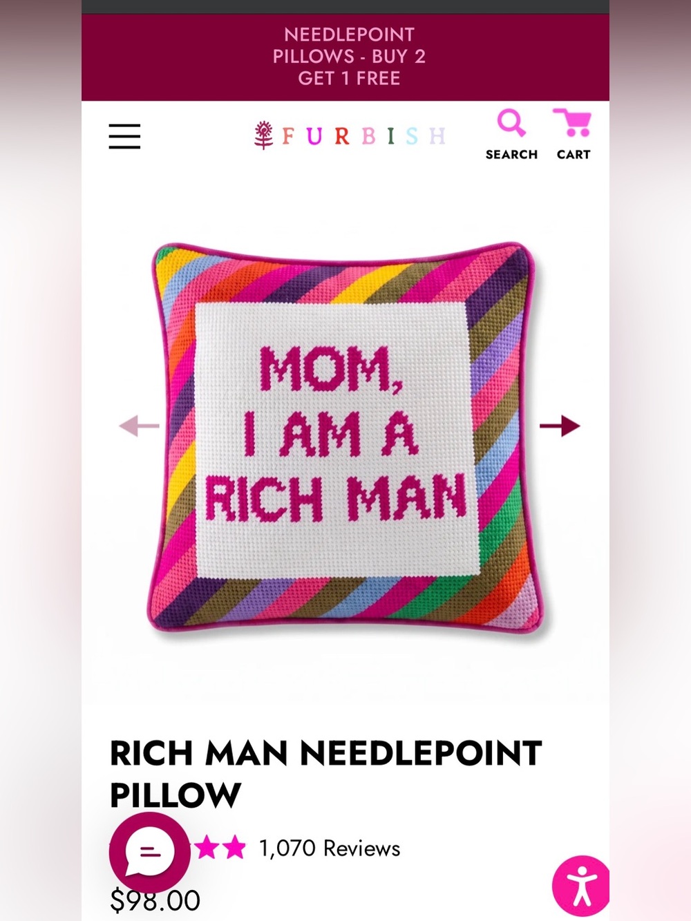 Furbish Needlepoint Pillow - Mom I Am A Rich Man